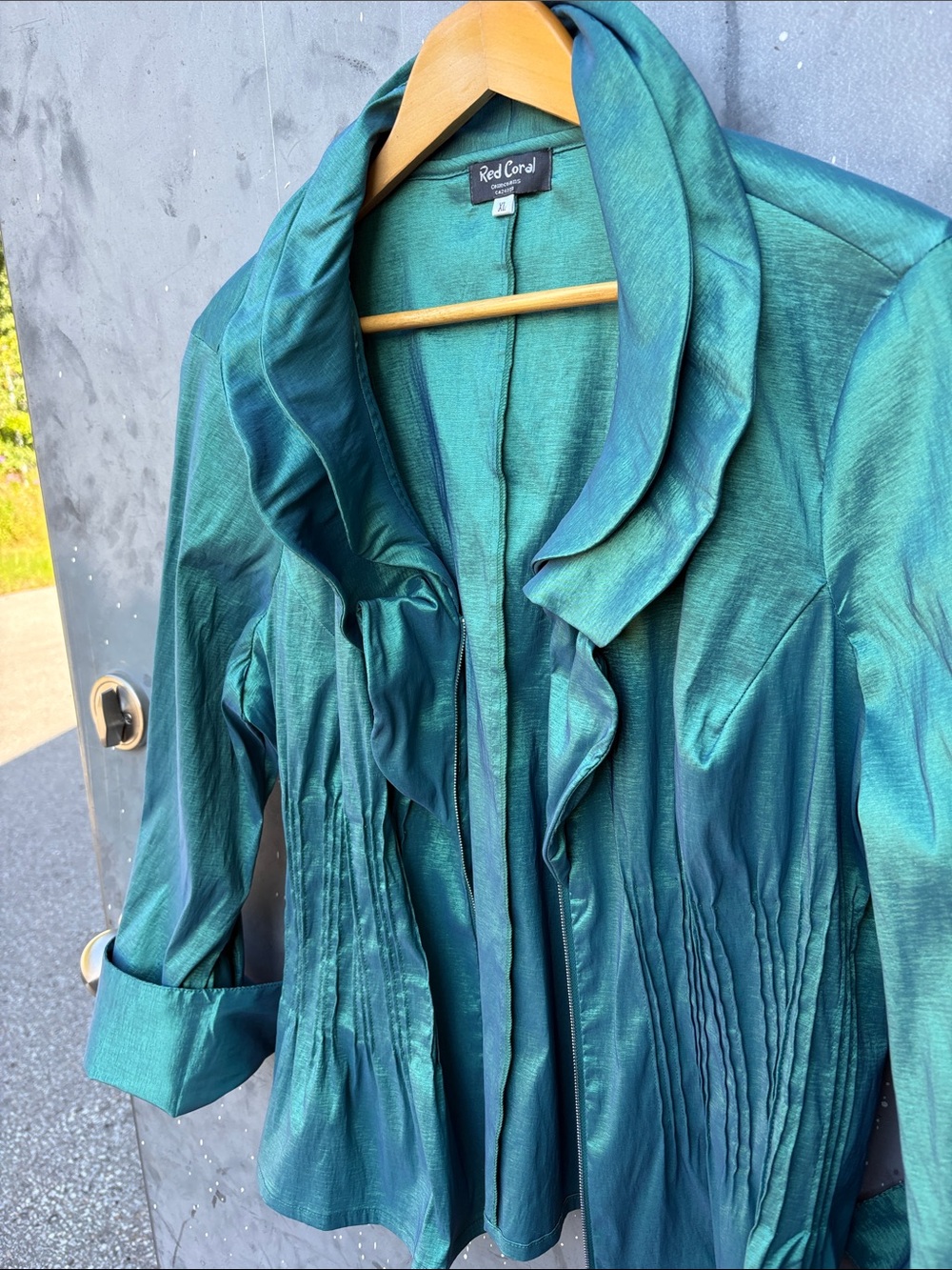 Shimmery Whimsigoth Teal Ruffled Zip Jacket - Picture 9 of 9
